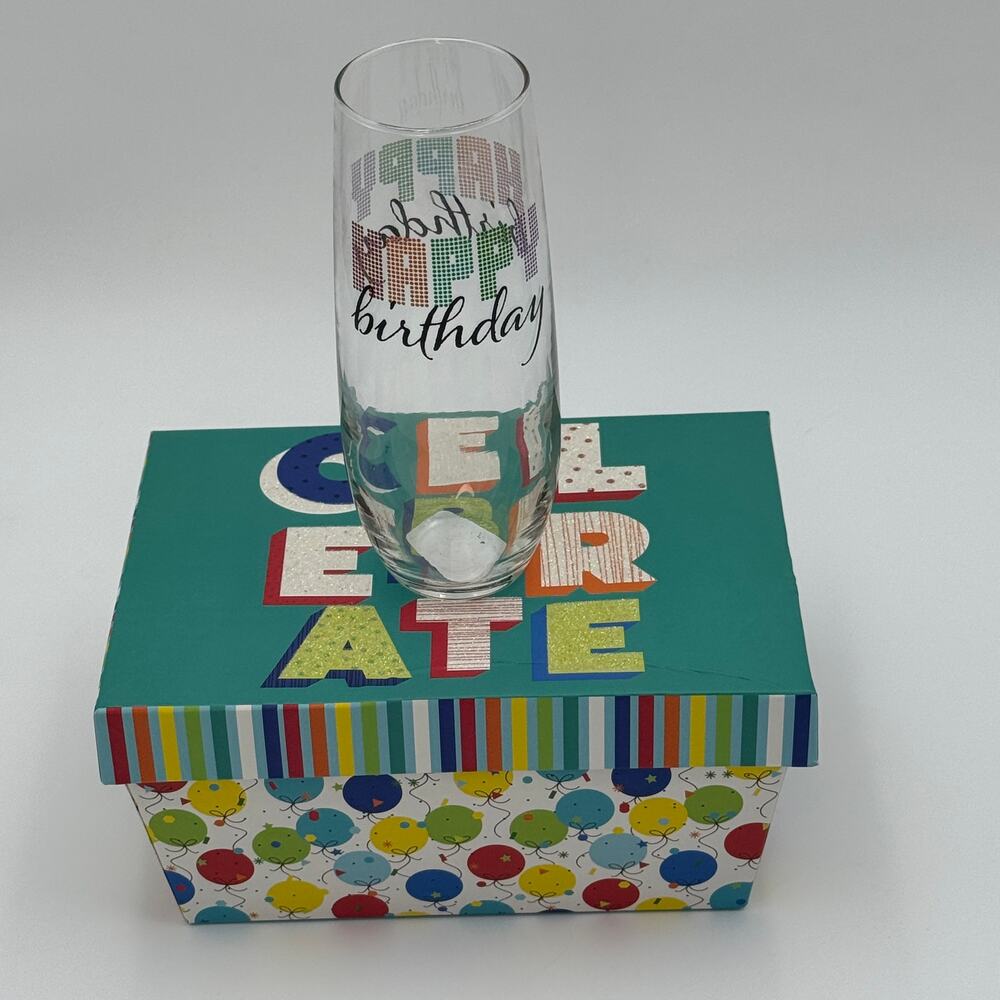 Happy Birthday Cristar Stemless Flute 9.6 oz Party Toast Glass Gift Box NEW